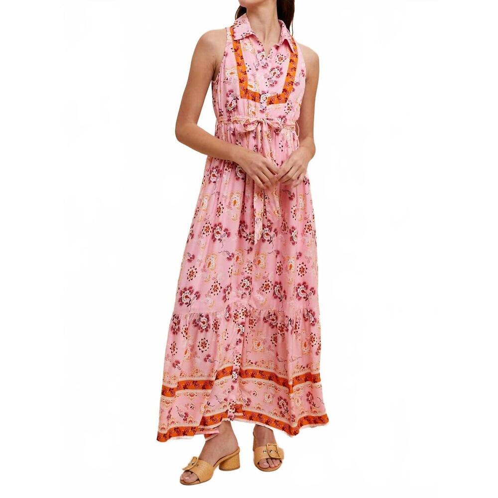 NEW IN-LOOM border print collared button down maxi dress in sweet pink